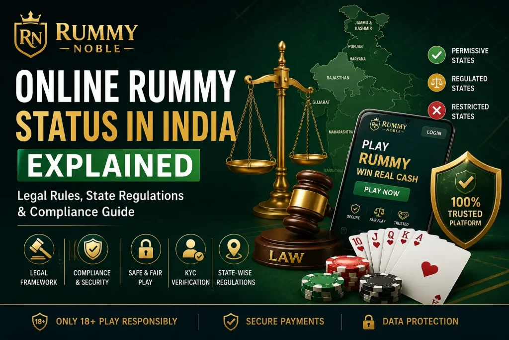 Promotional banner for Rummy Noble showing online rummy legality in India with a justice scale, state map, compliance icons, and a mobile app interface emphasizing legal, secure, and regulated gameplay.