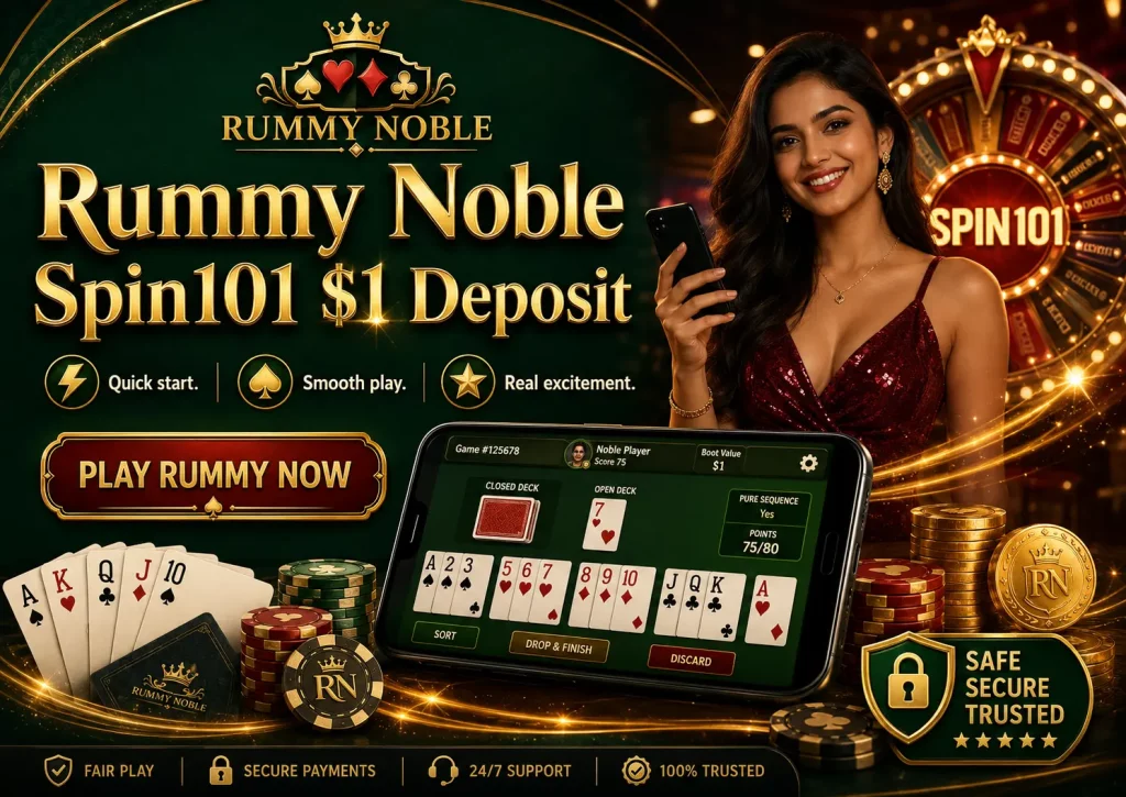 Rummy Noble Spin101 $1 Deposit banner with a mobile rummy game screen, playing cards, casino chips, gold coins, Spin101 wheel, and a smiling woman holding a smartphone.